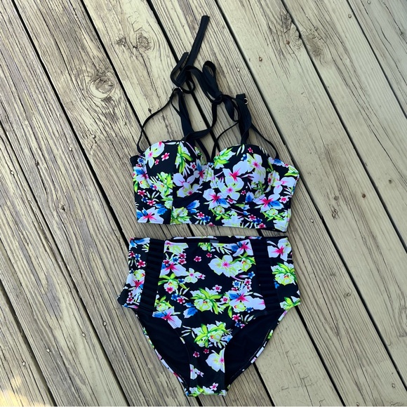 FLORAL BIKINI CUTOUT HIGH WAIST SWIMSUIT SIZE LARGE NEW - Picture 15 of 15